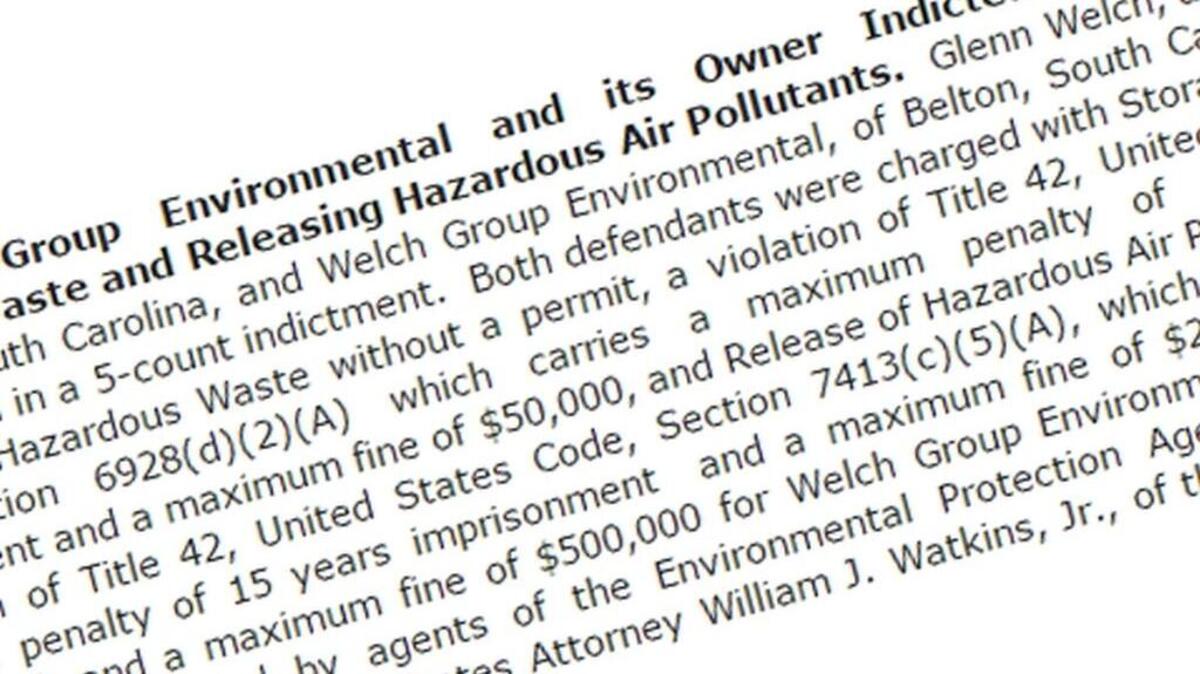 Release from the U.S. Attorney’s office in Columbia announces indictment on Welch Group Environmental