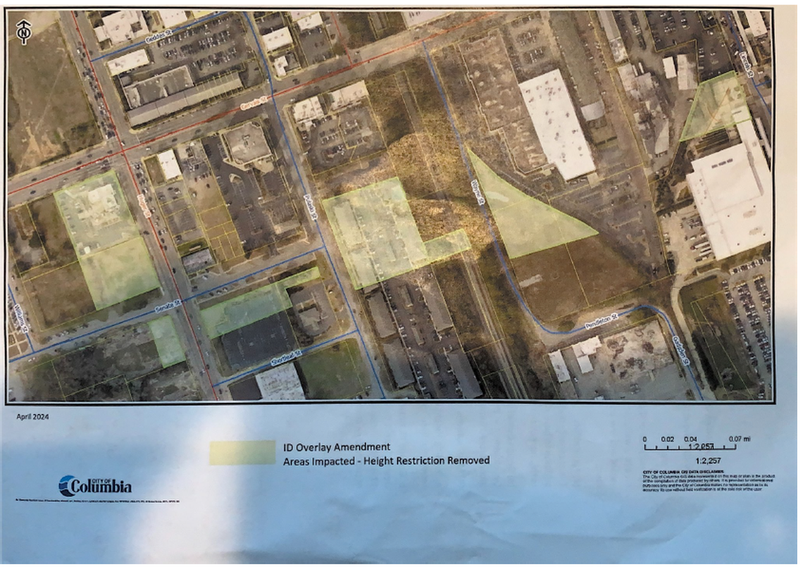 A map showing the six parcels that would be affected by a proposed change to allow taller buildings in the Innovista District. Currently, properties within 300 feet of a residential or historic overlay district can’t be over 75 feet. The proposal would change the rules to allow taller buildings near historic overlay districts.