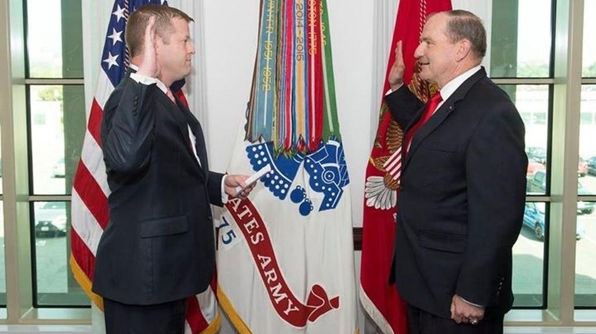 SC DMV chief Kevin Shwedo (right) is sworn in Monday as S.C.’s Civilian Aide to the Secretary of the Army by acting Secretary Ryan McCarthy.