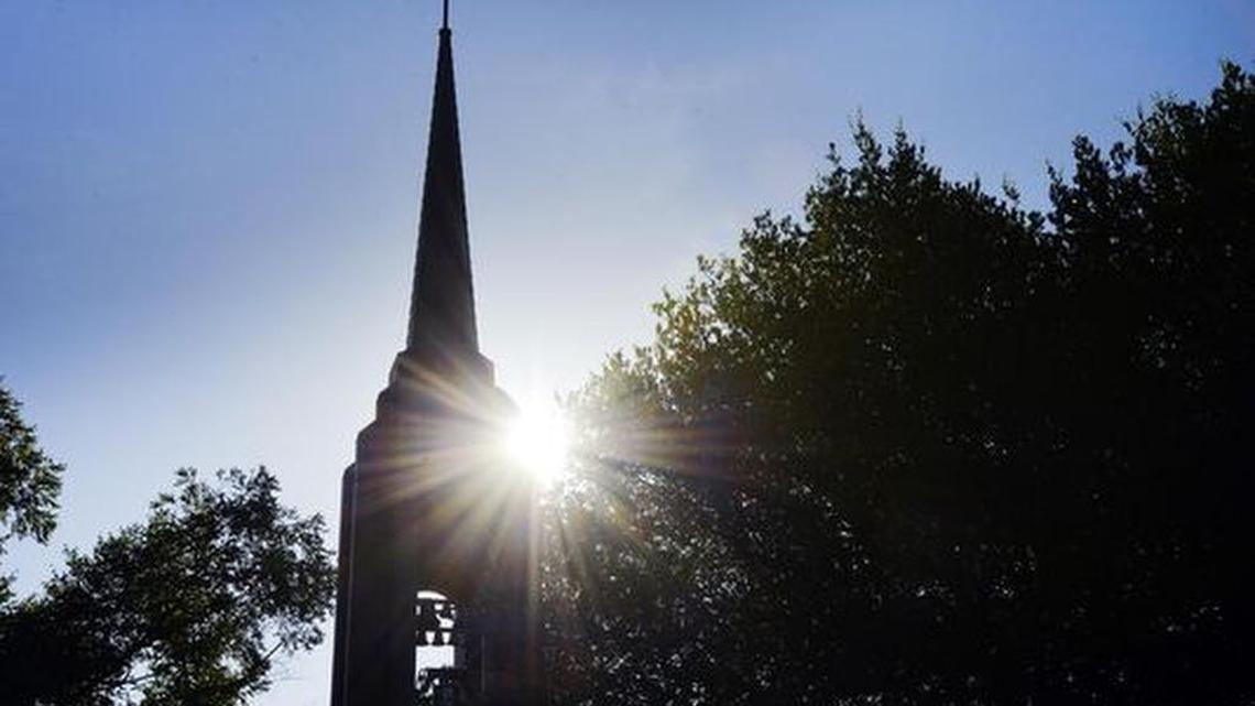 
The sun rises on First Baptist Church in Greenville in June.
