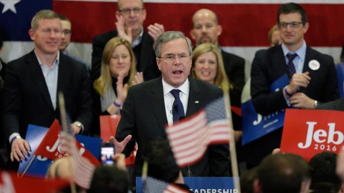 Republican presidential candidate, former Florida Gov. Jeb Bush speaks during a primary night rally Feb. 9, 2016, in Manchester, NH.