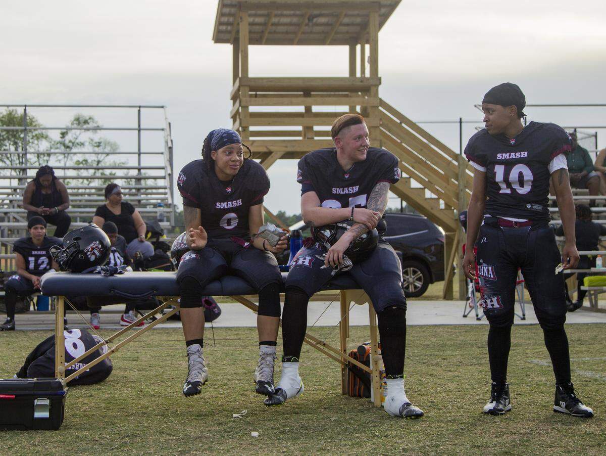 SC Smash’s Christina Davis (0), Amanda Perry-Taylor and Princess Brown (10) talk at halftime during the game against the Carolina Phoenix at Melvin Park in Chapin, SC. The team has been unable to secure a field in Columbia and must play on a smaller field farther away.