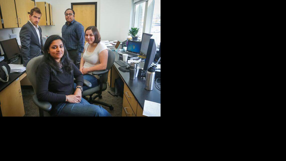 
Kamaljeet Kaur, front, Sarah Depaepe, Alexander Sougiannis, back left, and Arpit Saxena will complete some of Fayad’s studies. 
