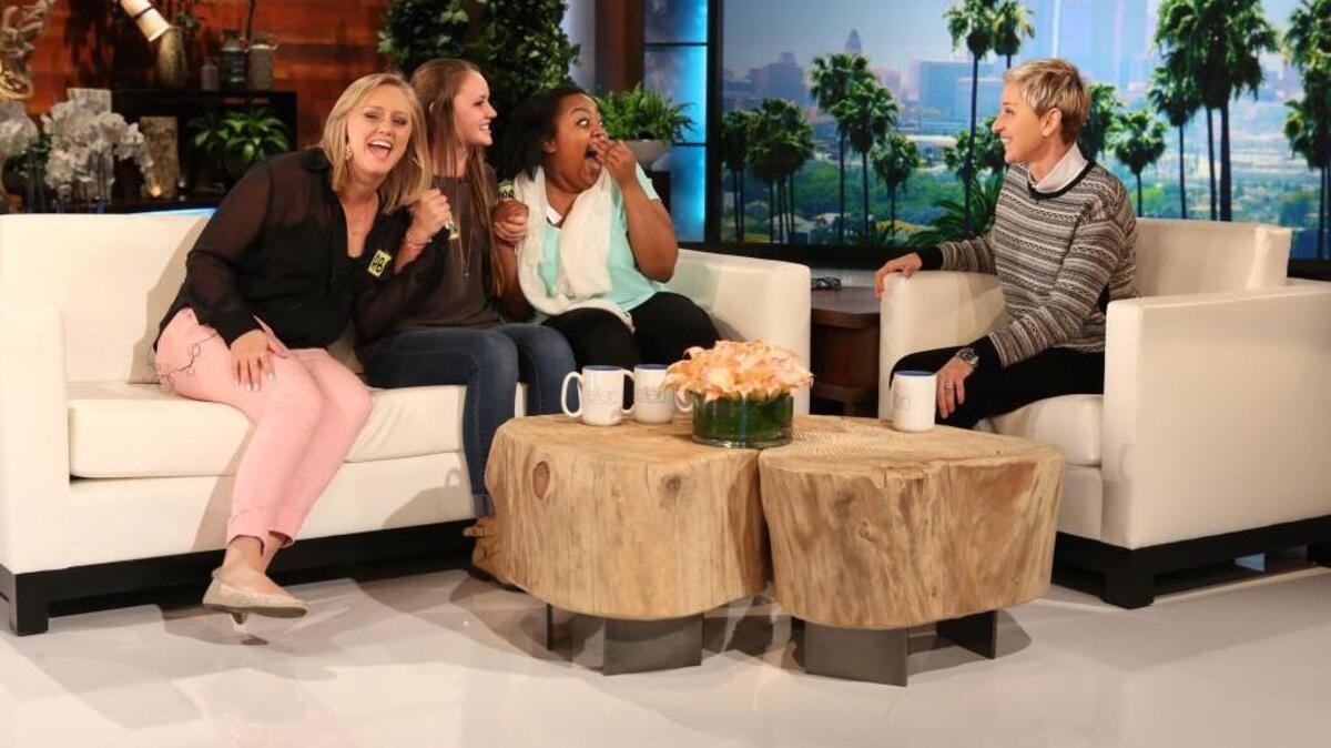 Winthrop University freshman Morgan Lowers, center, appeared on “The Ellen DeGeneres Show” Tuesday with Abby Gervias of Indian Trail, N.C., and Mariah Campbell of Flint, Michigan.
