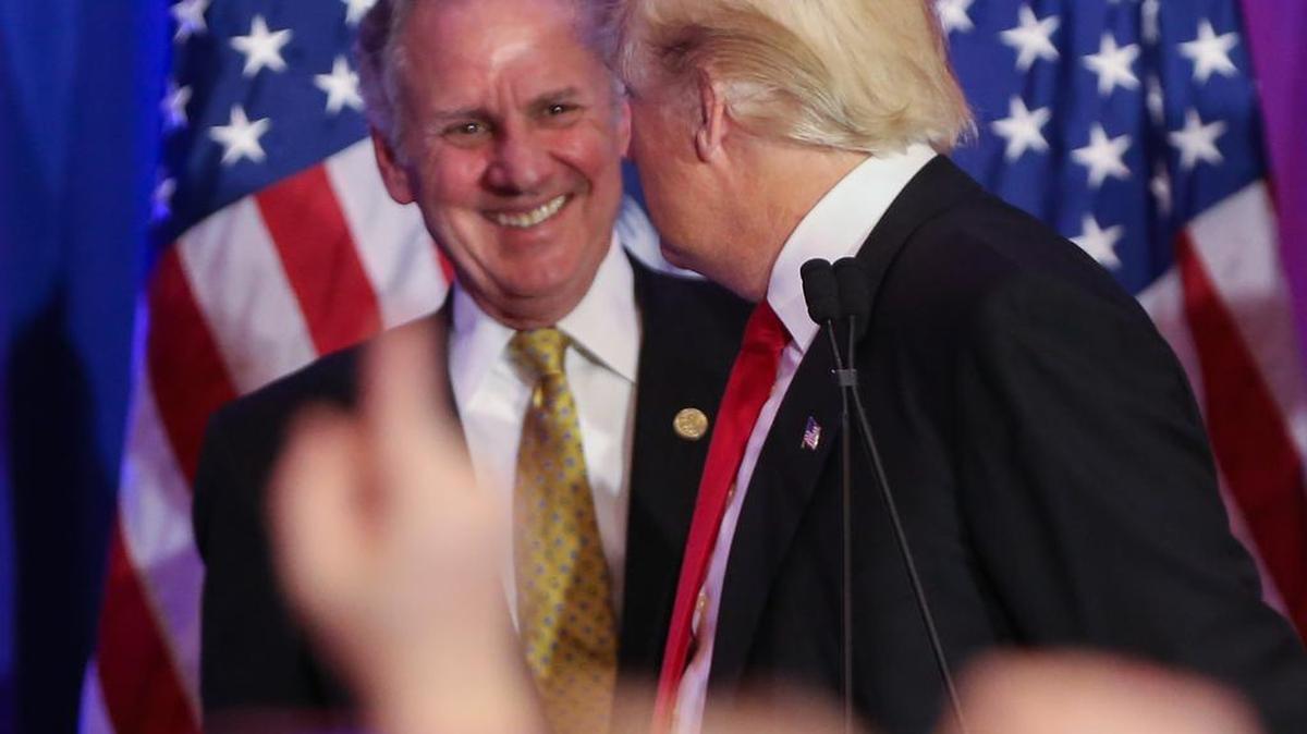 Then-South Carolina Lt. Gov Henry McMaster shared the stage with Republican presidential frontrunner Donald Trump as he thanks South Carolina with family members during his watch party at the Spartanburg Marriott Heritage Ballroom.