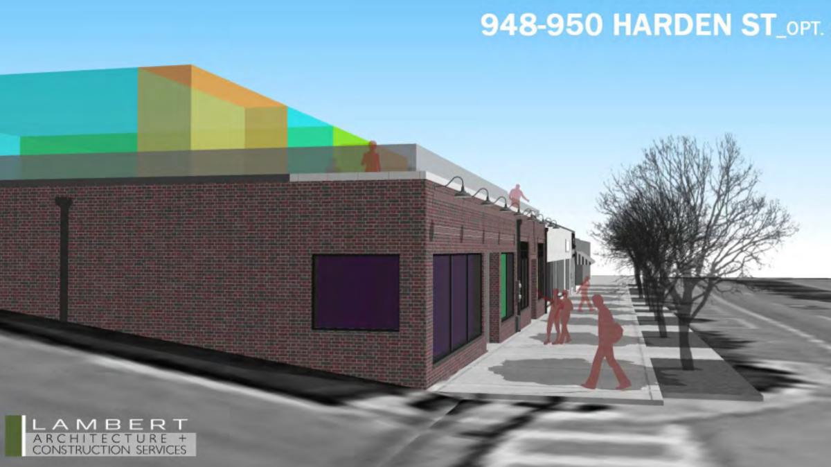 A rendering of one renovation option that Joe Taylor and Bill Owen could pursue for the vacant buildings at 948 and 950 Harden St. in Five Points. This rendering includes the addition of a second story of office, studio or residential space.