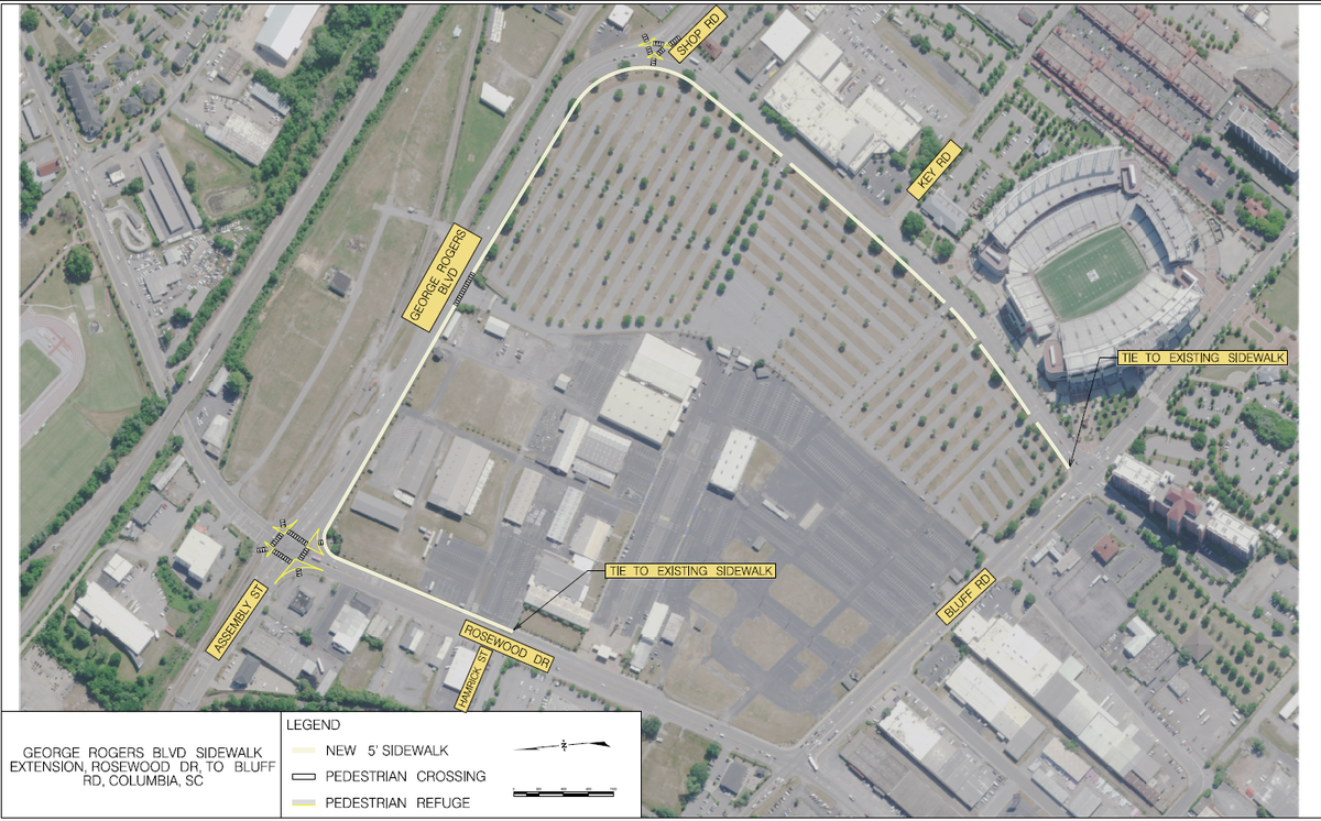 An SCDOT project envisions adding sidewalk around George Rogers Boulevard near Williams-Brice stadium in Columbia. 