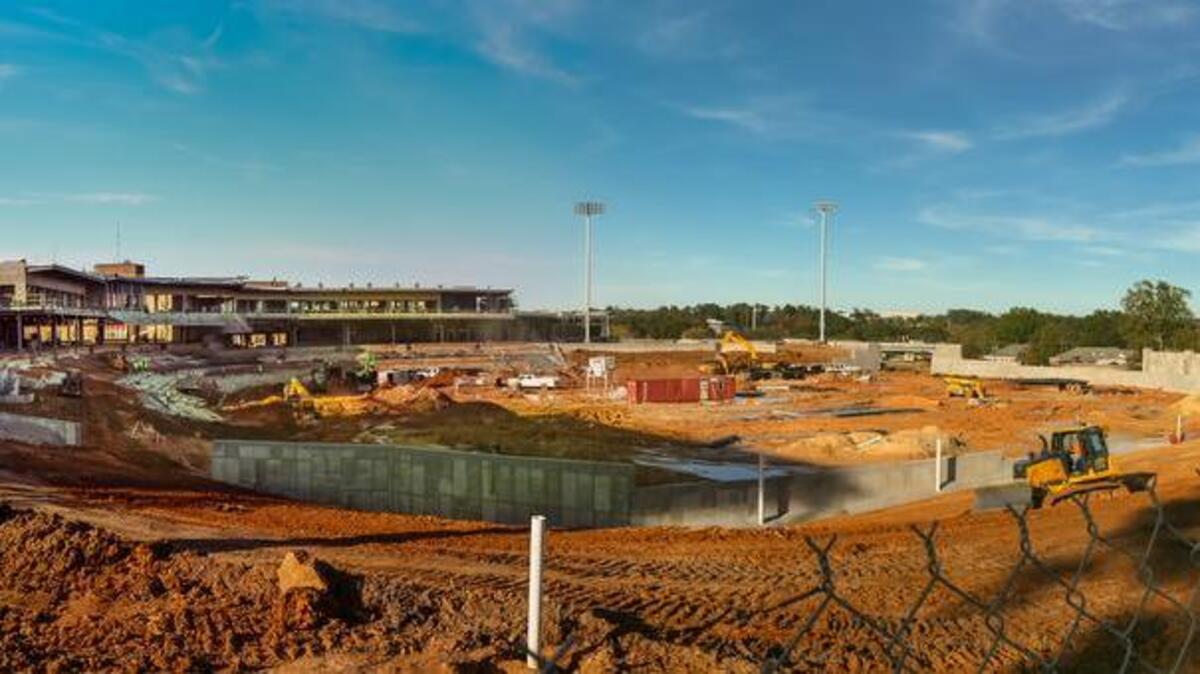 The nine light poles that will illuminate the playing field at the city’s new baseball stadium were erected late last year. A newly released study indicates the bright lights will not glare into surrounding neighborhoods.