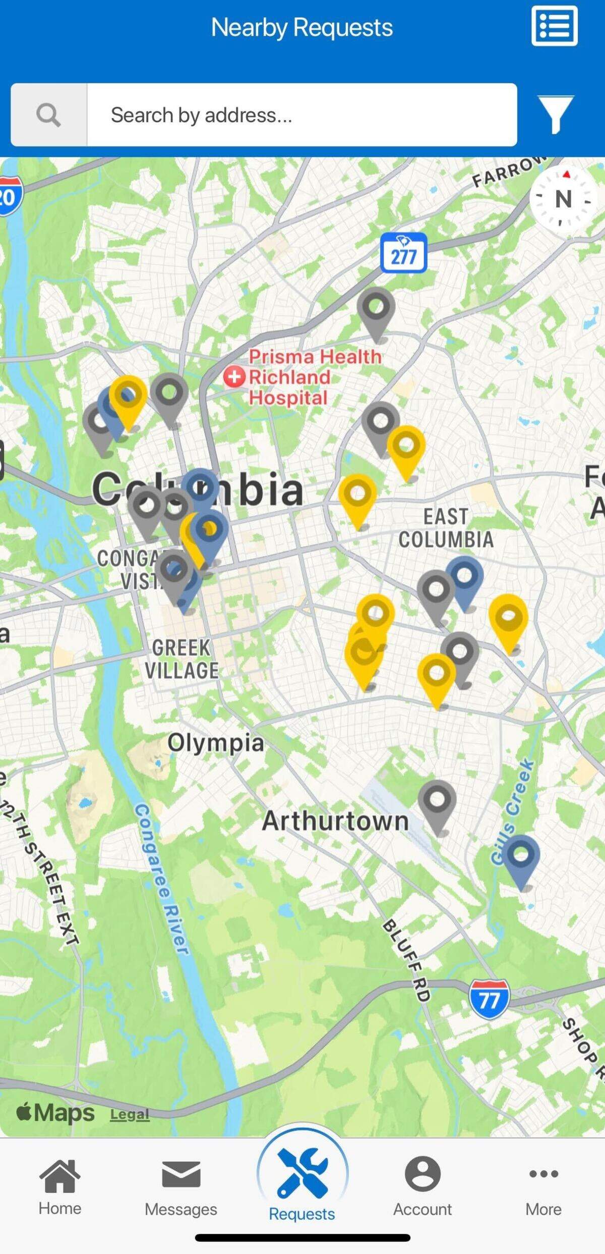 The city of Columbia has launched a new app for work requests and other city services. This map shows recently made requests in the app.