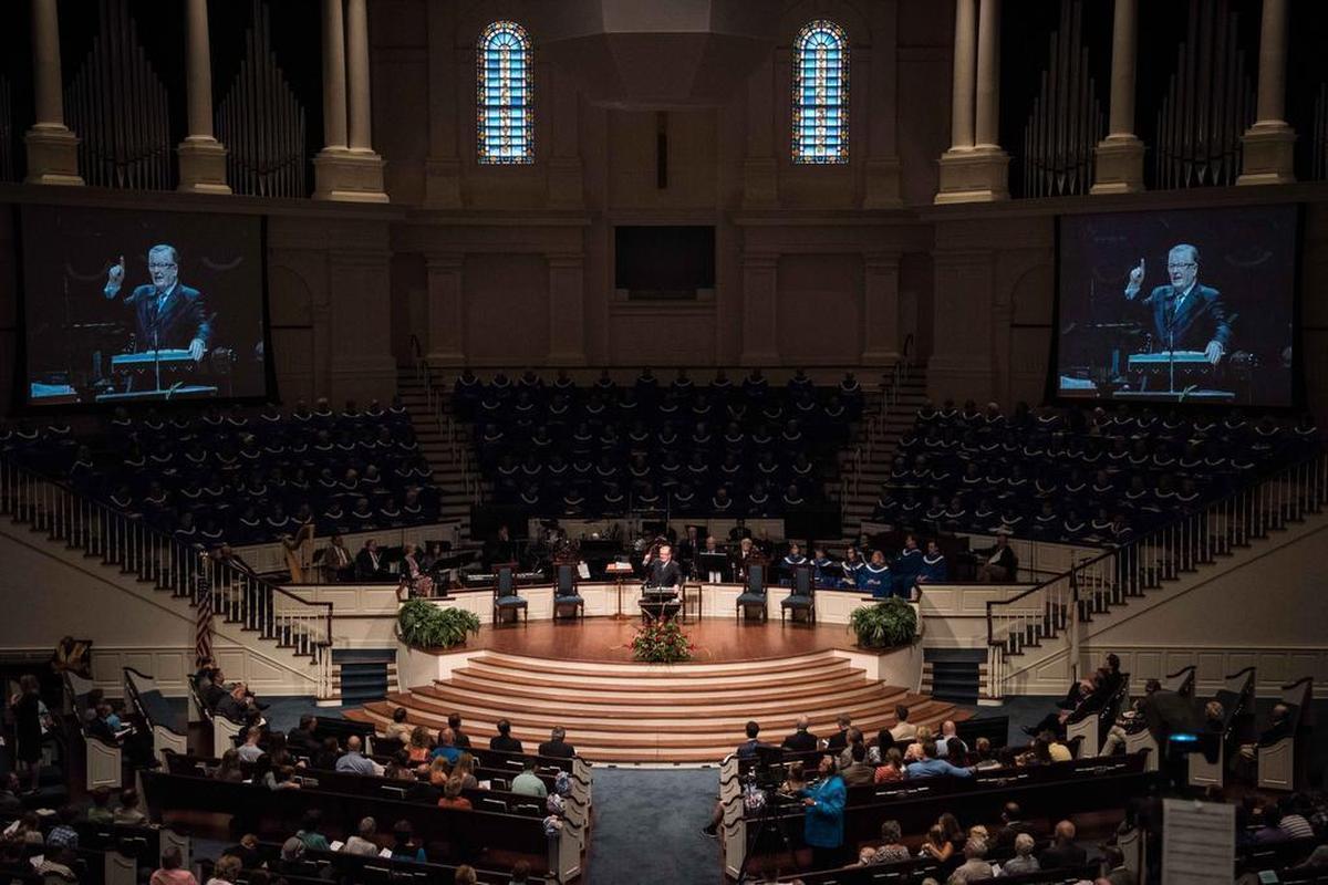 Pastor Wendell Estep gives a sermon during services Sunday at Columbia's First Baptist Church on Sept. 17. Estep has been pastor at the church for 30 years.