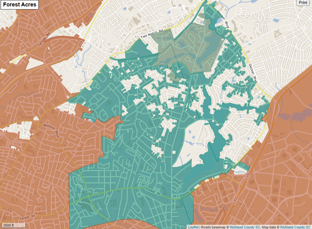A map showing the boundaries of Forest Acres. The portion in green is Forest Acres. The portion in white is unincorporated Richland County. Forest Acres leaders say there are so many pockets of unincorporated Richland County inside the Forest Acres community that it makes delivery emergency services, trash pick up and more a challenge.