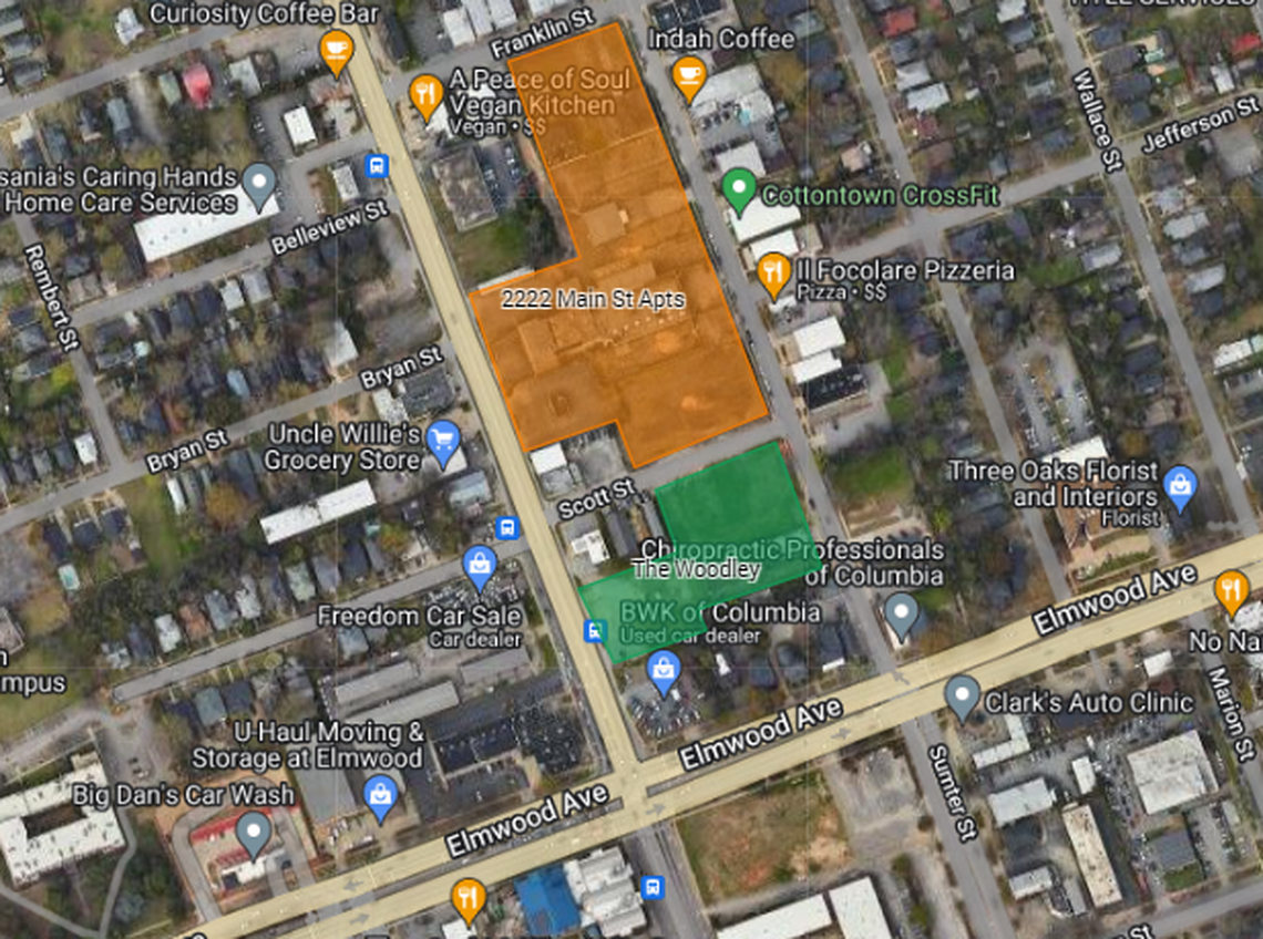 A map showing two new apartment developments planned for North Main Street in Columbia.