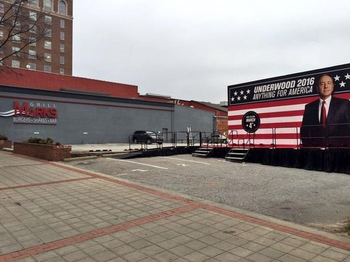 “House of Cards” President Frank Underwood is opening a “campaign office” on S. Main Street in Greenville.