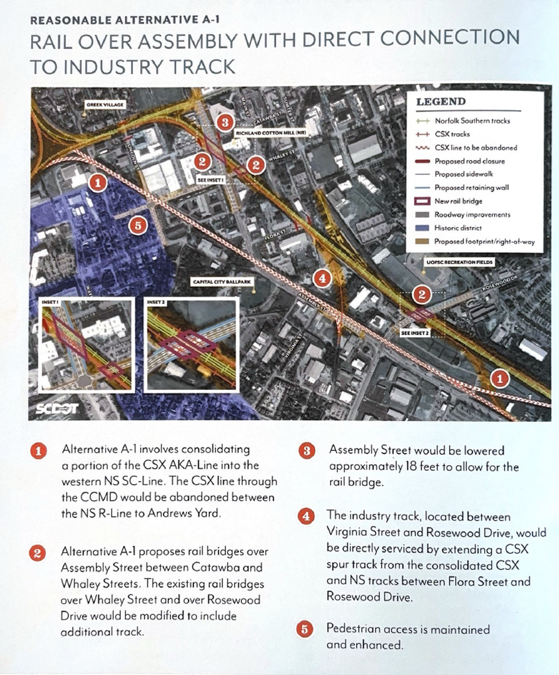 The SCDOT presented three options for what it could look like to separate the railroad from the roadway in downtown Columbia. This option proposes building railroad bridges over the road.