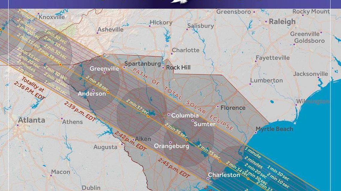 The path over South Carolina of next year’s total solar eclipse.
