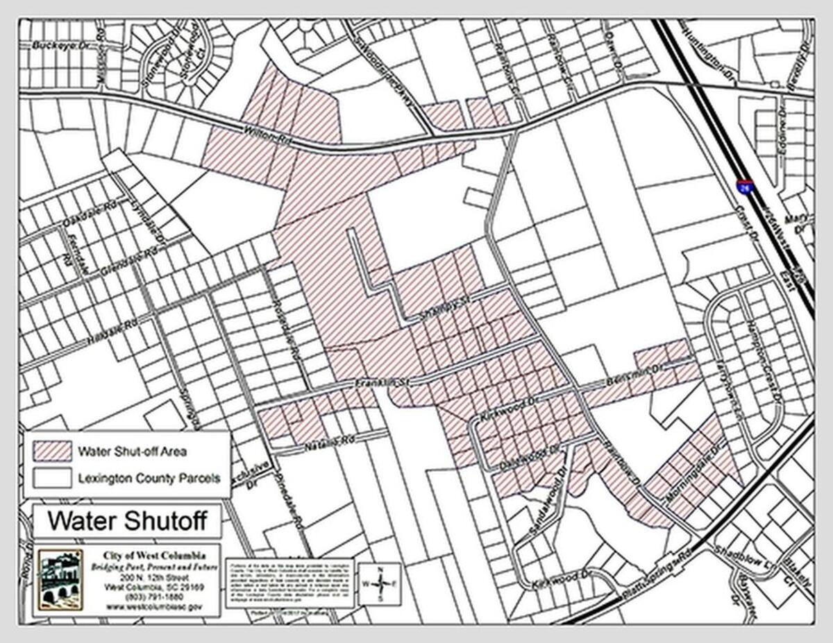 Map of area affected by a scheduled disruption of water service in West Columbia on Monday July 17, 2017.