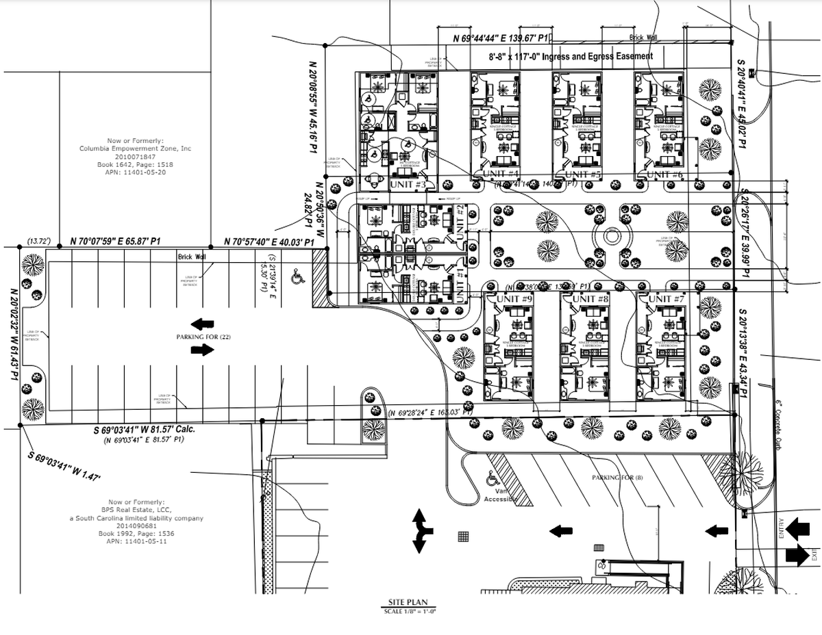 A site plan showing how nine new cottage homes would be laid out for a new development on Pickens Street near Gervais and Bull streets.
