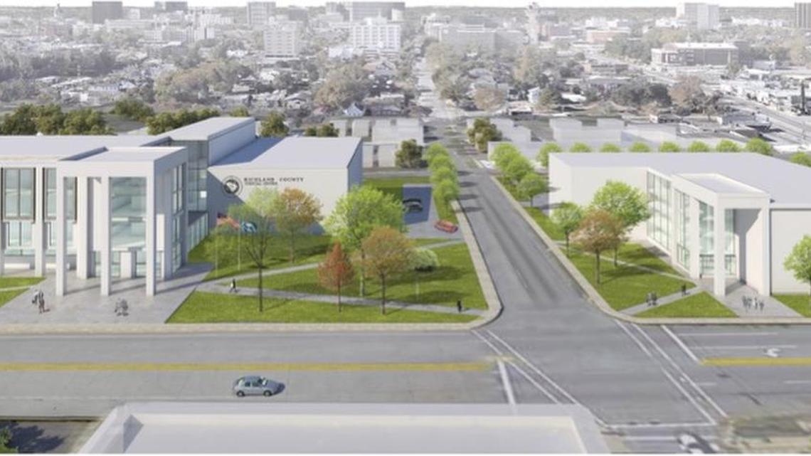 This is a conceptual rendering of a proposed new county courthouse on the grounds of the 2020 Hampton St. site of the administration building, which would be demolished.