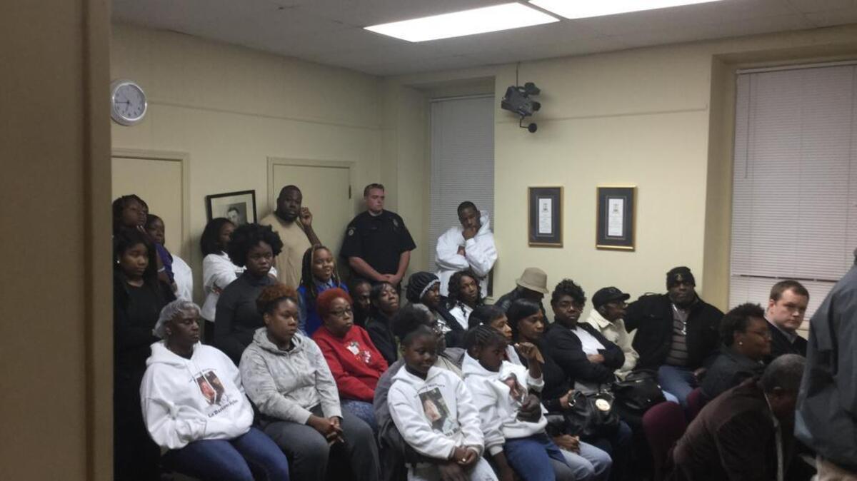 A crowd fills council chambers for the Chester City Council’s vote on naming a park for La’Darious Wylie on Monday. At front center is Sha’Vonta McCrorey, 7, the sister saved by La’Darious on Oct. 27.