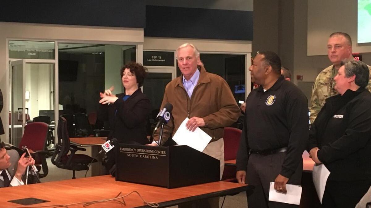 S.C. Gov. Henry McMaster, at podium, addresses the media after he was briefed on the impact of the winter weather in the Palmetto State Wednesday.
