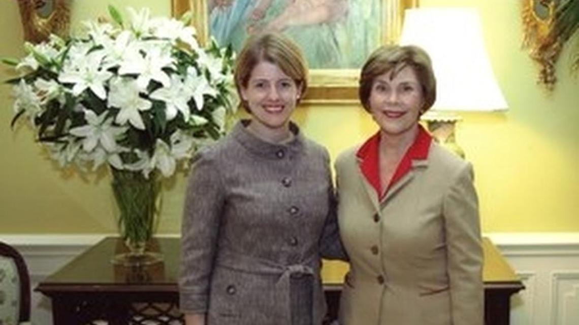 Sara Armstrong, left, with Laura Bush