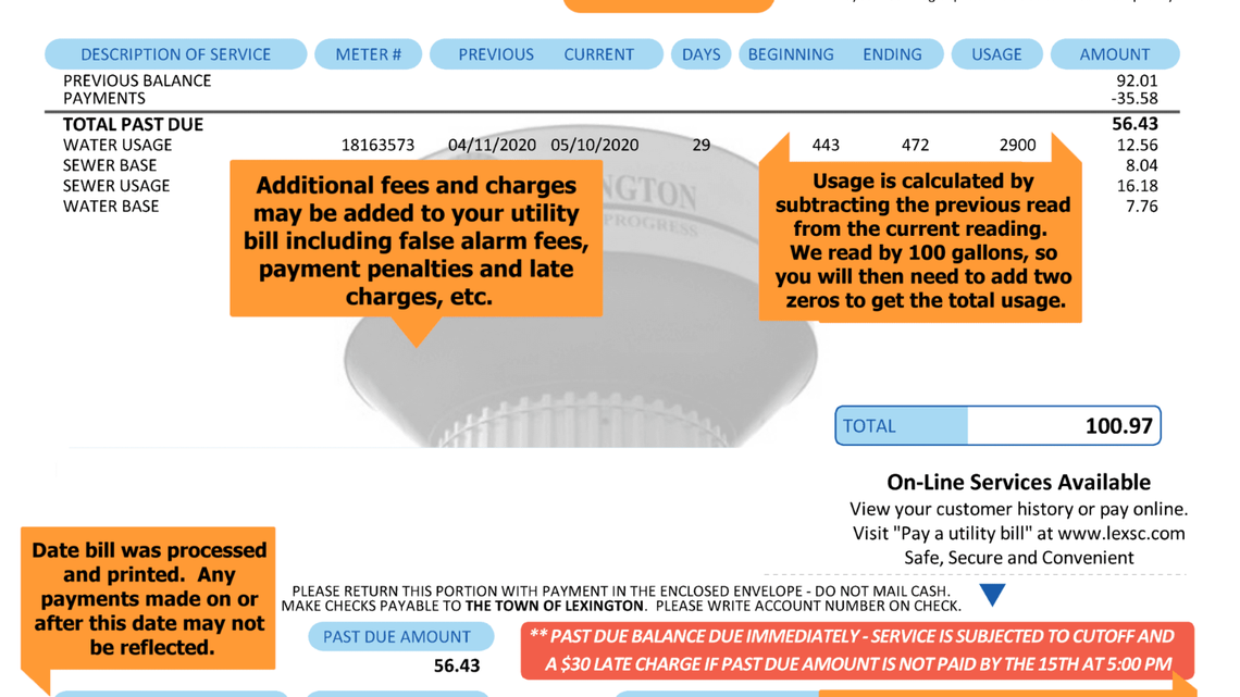 A sample town of Lexington water bill