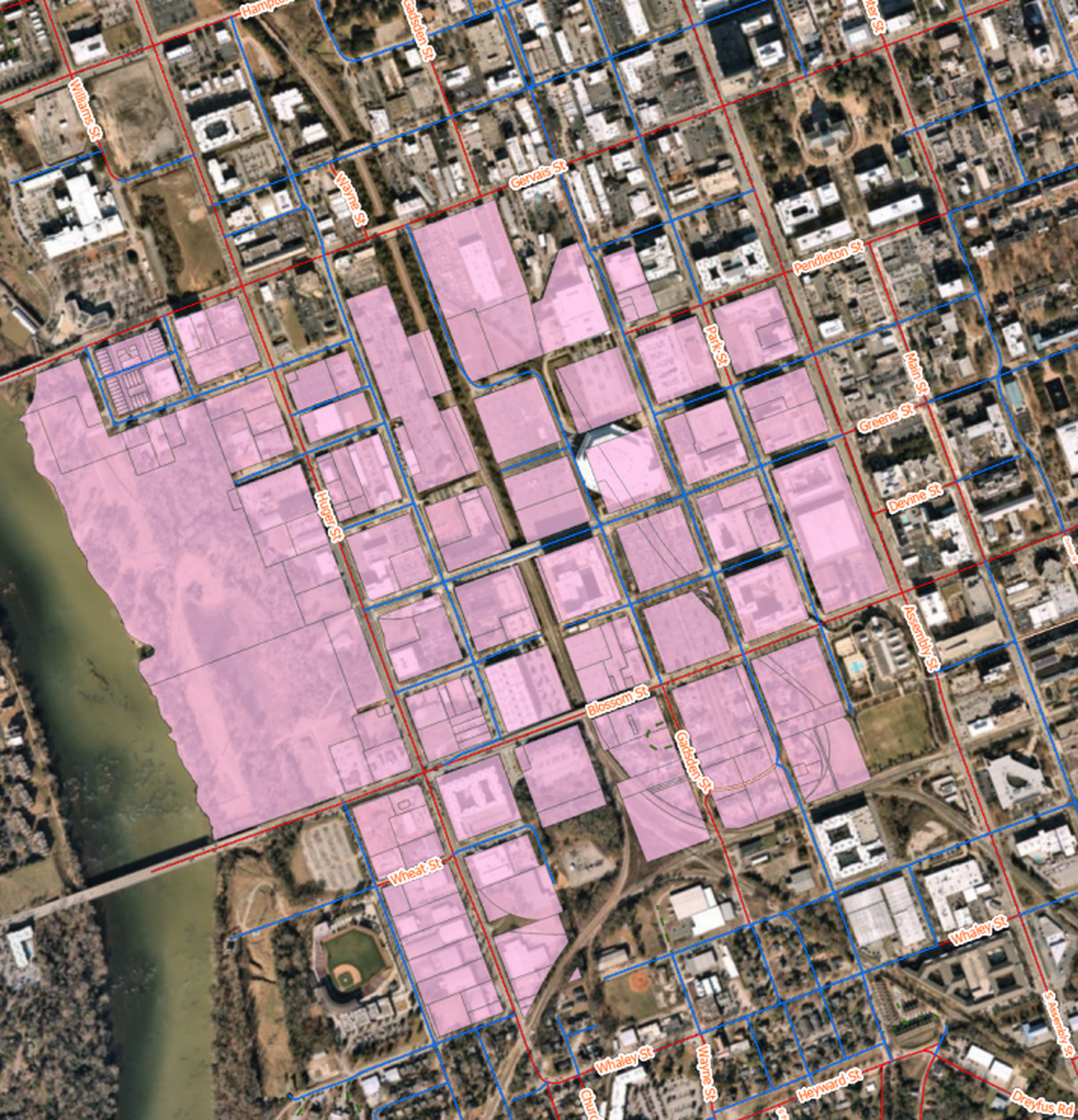 A portion of downtown Columbia designated as a Mixed Commercial district. This would be one of the areas where new student housing would be banned under a new proposal being considered by Columbia City Council.