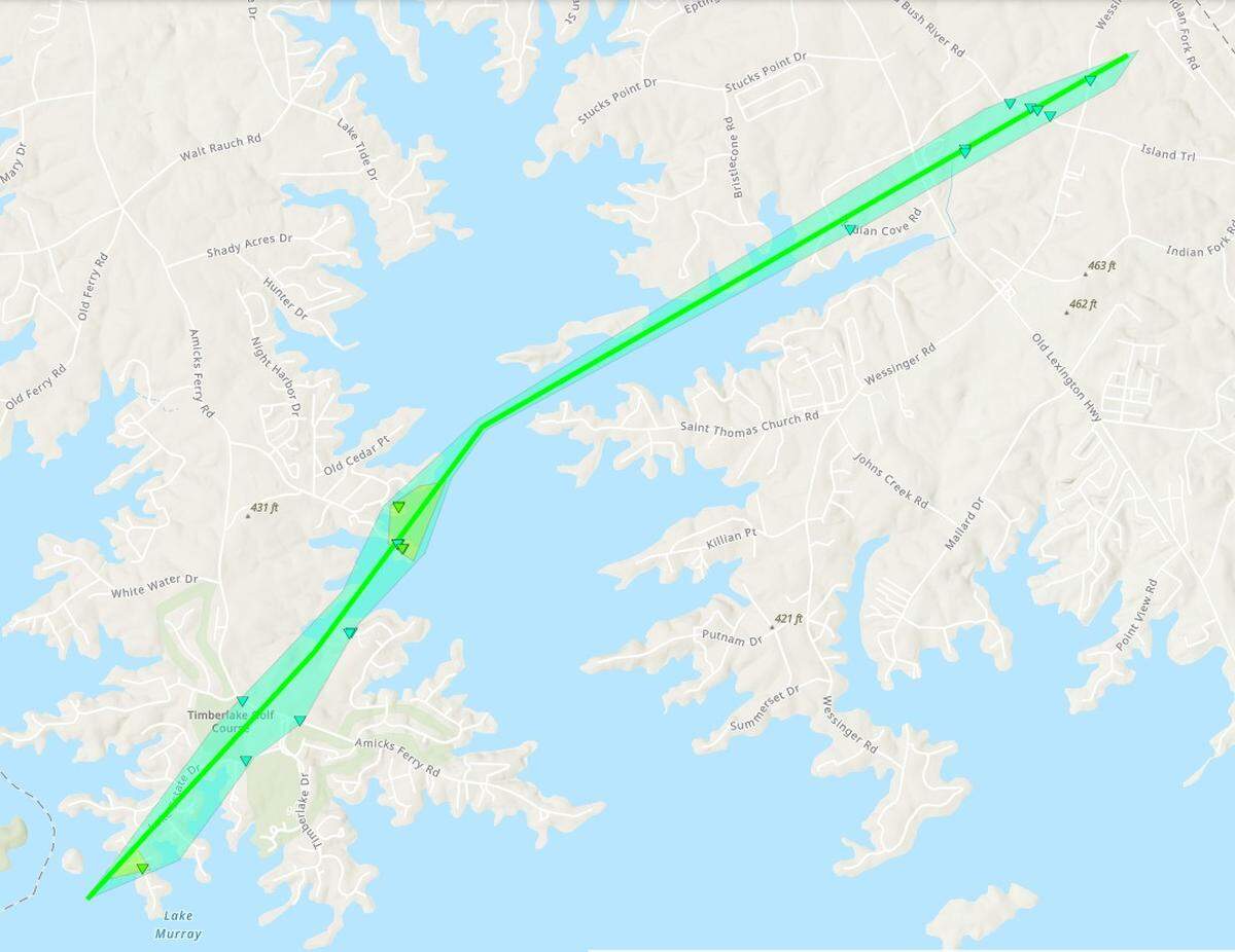 The damage path of a tornado that made its way across the Chapin-Lake Murray area Sunday.