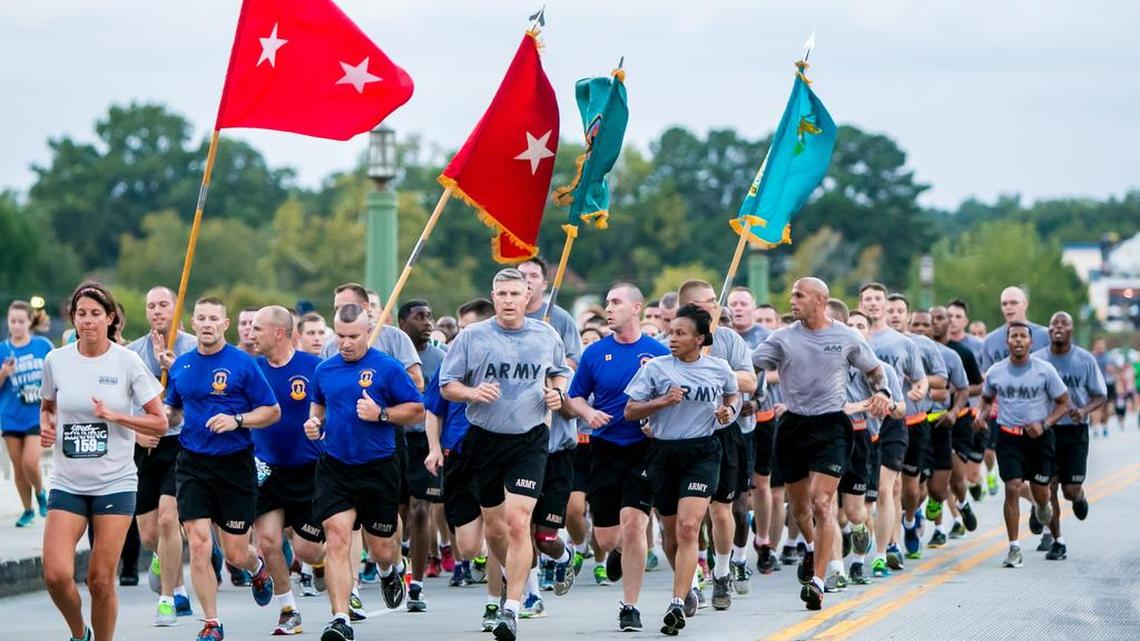 Fort Jackson soldiers run in formation across the Gervais Street bridge during 2014’s Tunnel To Towers 5K Run & Walk.