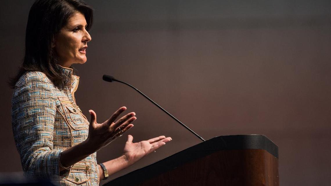 FILE: S.C. Gov. Nikki Haley addresses the crowd during the South Carolina Republican state convention at the Columbia Metropolitan Convention Center in Columbia.