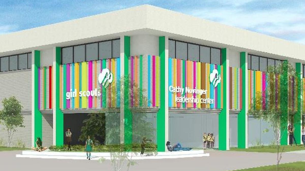 The building’s proposed redesign. The brightly colored bars represent the levels of achievement for Girl Scouts.