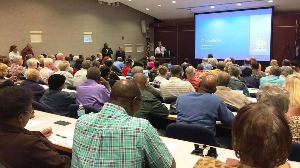 Anti annexation residents packed a room in February at a Midlands Tech campus to voice their rejection of Columbia’s plan to annex homes and businesses more aggressively. The crowd wouldn’t let the city’s annexation coordinator, standing in the background, finish his presentation on the benefits of becoming residents of Columbia.