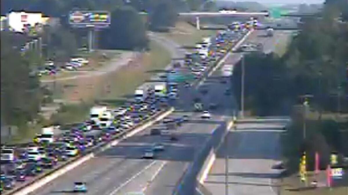 An SCDOT traffic camera at mile marker 104 on I-26 shows traffic backed up due to a wreck this morning