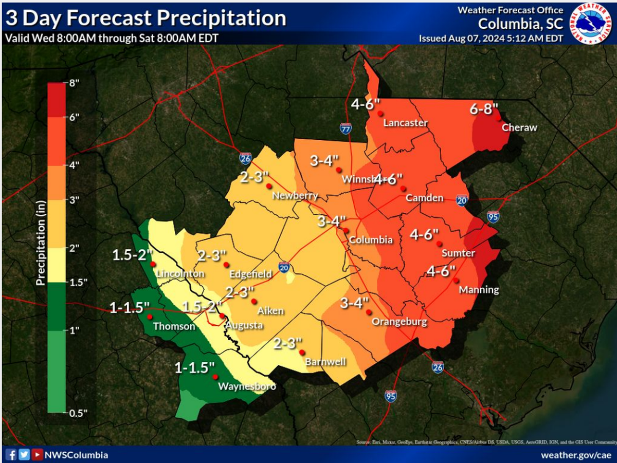 Tropical Storm Debby lingers over the SC coast Wednesday morning, but is still expected to bring rain to the Midlands, according to the National Weather Service. Parts of Columbia could see up to six inches of rain between Wednesday and Saturday morning.