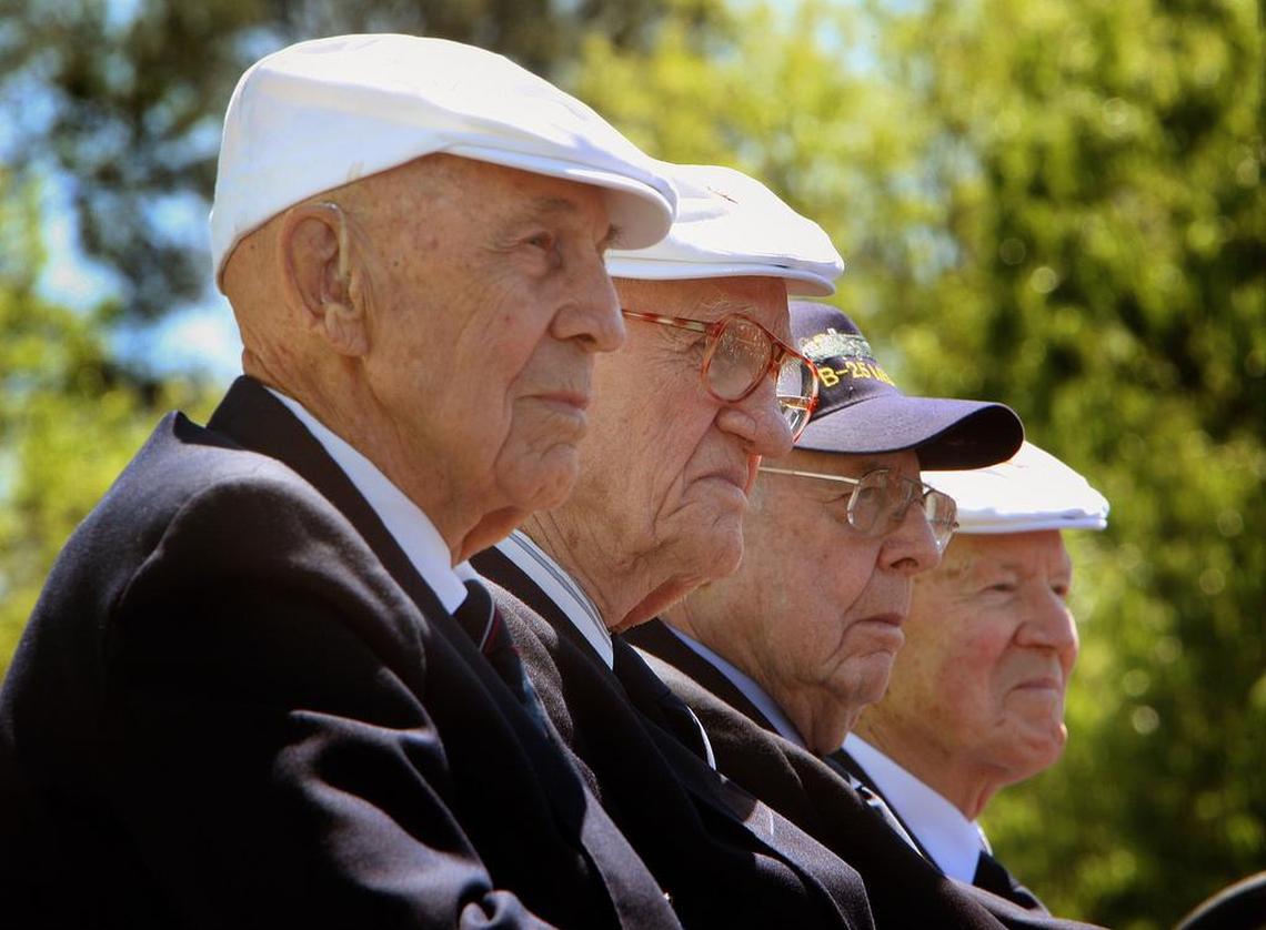 From left, Lt. Col. Richard Cole, Maj. Thomas Griffin, Lt. Col. Robert Hite and Staff Sgt. David Thatcher were five of the surviving Doolittle Raiders who reunited in Columbia in 2009.