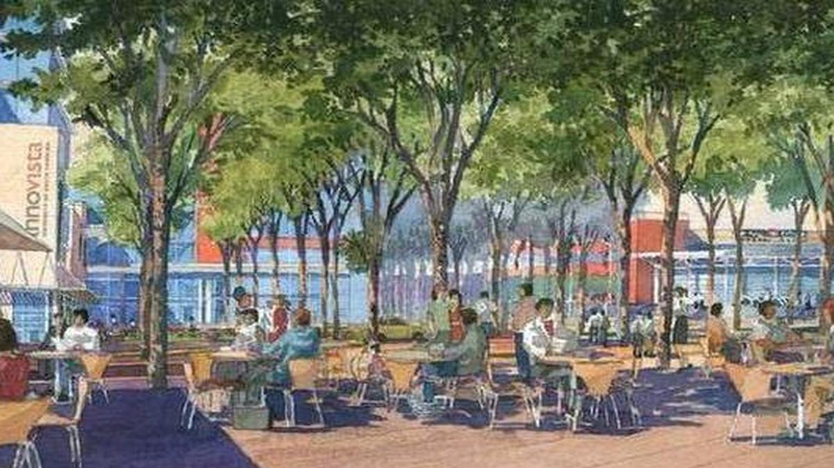 
A conceptual rendering of the patio, looking toward the Colonial Life Arena, from the intersection of Greene and Lincoln streets in Columbia’s Vista. 
