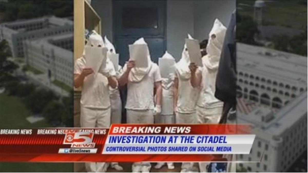 Photos appeared on social media this week showing seven freshmen cadets at The Citadel wearing white T-shirts and white pants with the pillowcases on their heads.