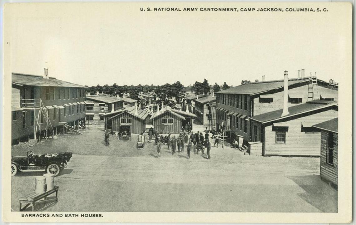 The barracks and bath houses at Camp Jackson during World War I.