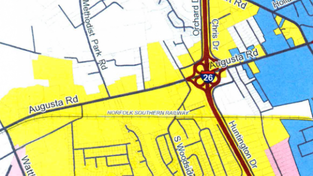 West Columbia (in blue) is seeking to annex the square-mile area in yellow. The northern edge of Springdale is shown in pink.