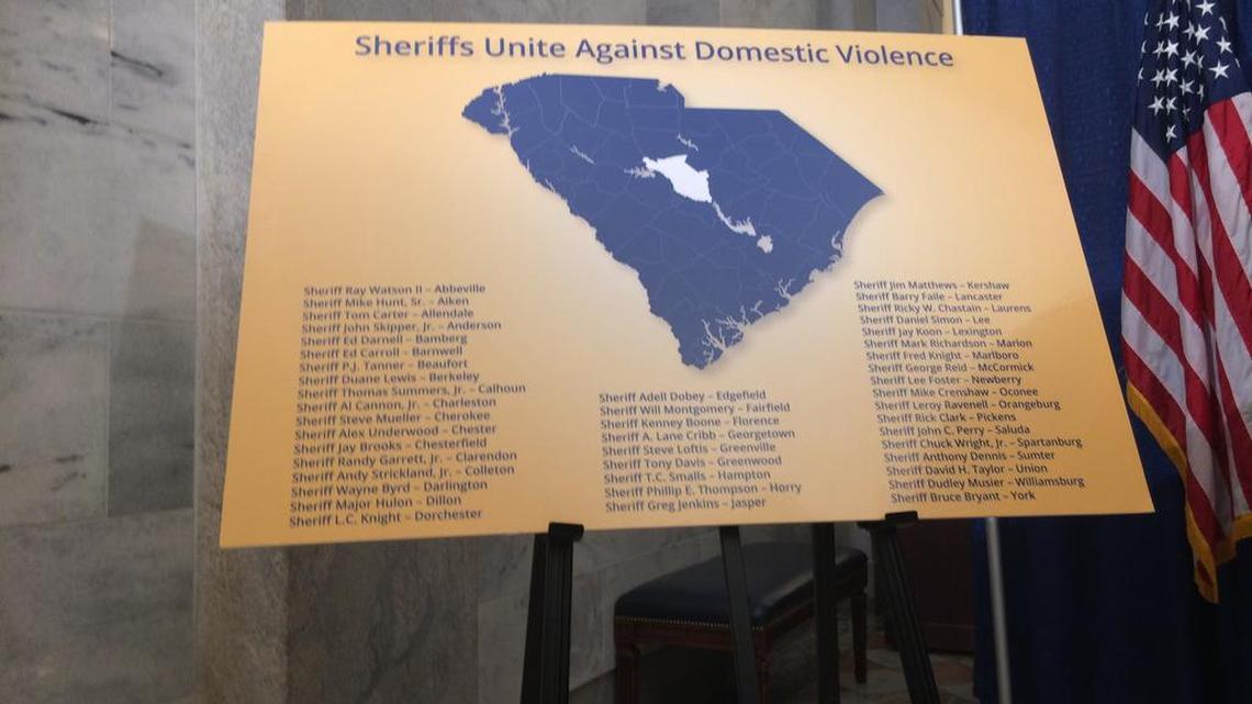 A map titled “Sheriffs Unite Against Domestic Violence,” presented during Gov. Nikki Haley’s Wednesday news conference, left Richland County (in the center) as the only county not shaded in blue. Haley said Richland County Sheriff Leon Lott did not sign a pledge with other sheriffs, a claim Lott disputes.