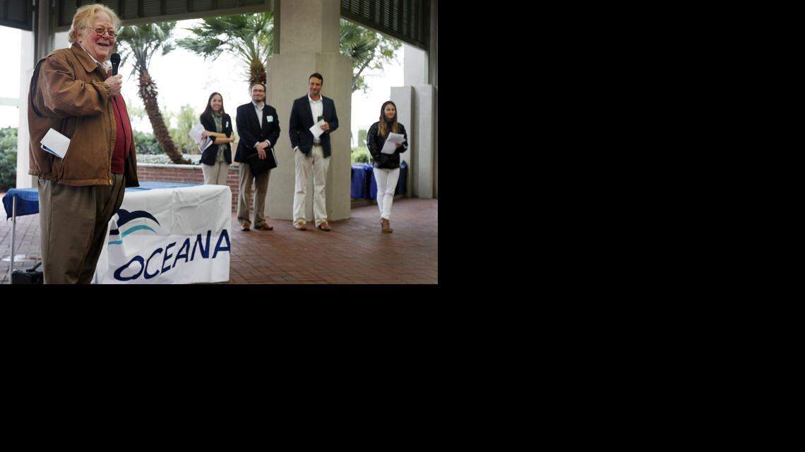 
Beaufort Mayor Billy Keyserling, left, discusses the threats that offshore oil and gas development will have on South Carolina’s healthy ocean ecosystems, fisheries and tourism, while highlighting the benefits of offshore wind, including its ability to produce more jobs and energy while at the pavilion at Waterfront Park in January.
