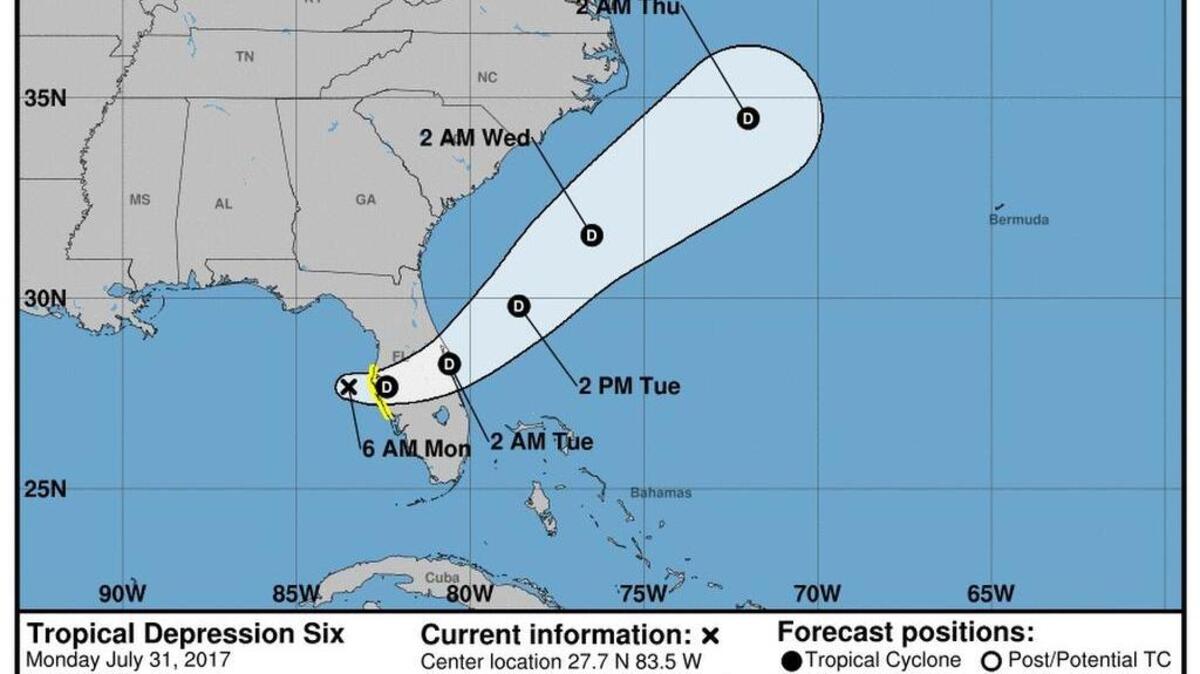 This graphic of Tropical Storm Emily’s projected path is provided by the National Weather Service office in Wilmington, N.C.