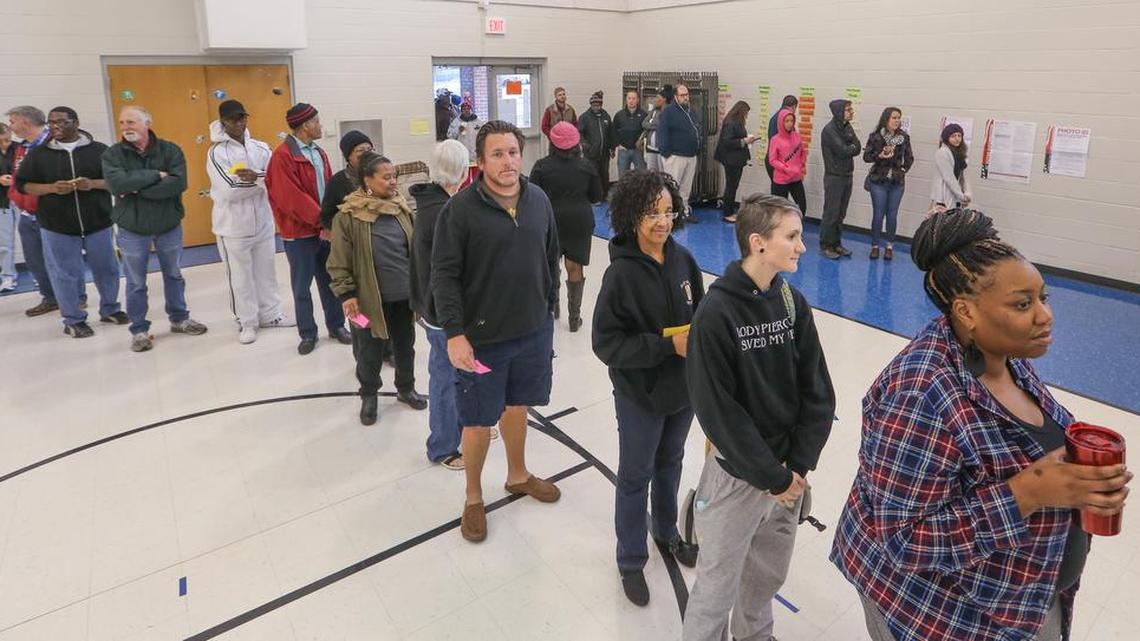 Voters line up at the election precinct at Columbia’s South Kilbourne Elementary School shortly after the polls opened at 7 a.m. on Nov. 8.