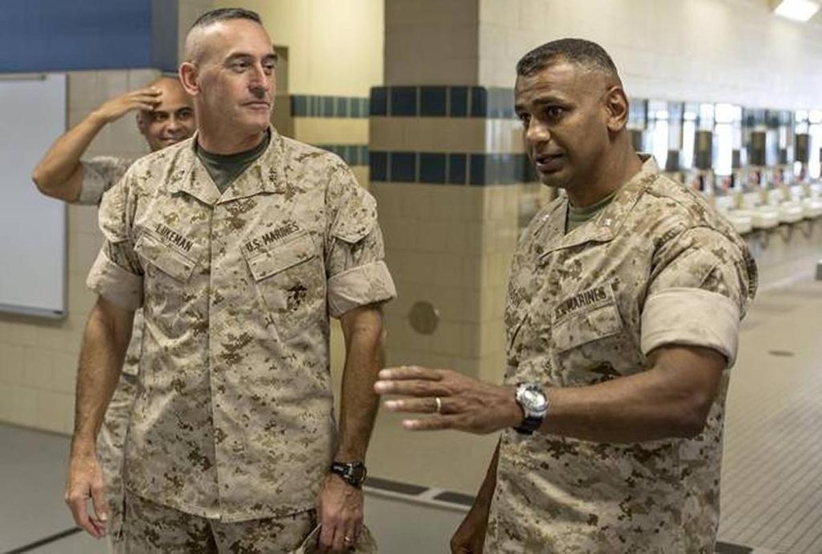 In this file photo from October 2014 Lt. Col. Joshua Kissoon, right, then-commanding officer of 3rd Recruit Training Battalion, gives a tour of the 3rd Battalion barracks to Maj. Gen. James Lukeman, the commanding general of Marine Corps Training and Education Command on Marine Corps Recruit Depot Parris Island.