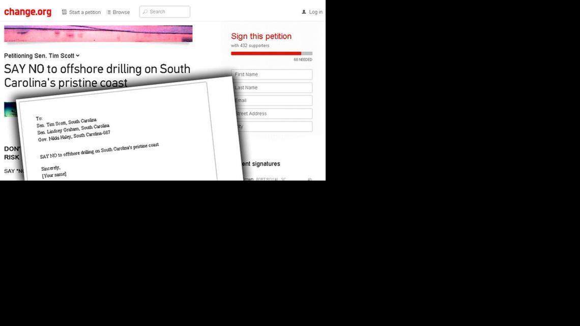 
screenshot of the petition page on Change.org started by Beaufort resident Megan Feight to stop offshore drilling along South Carolina's coast. 
