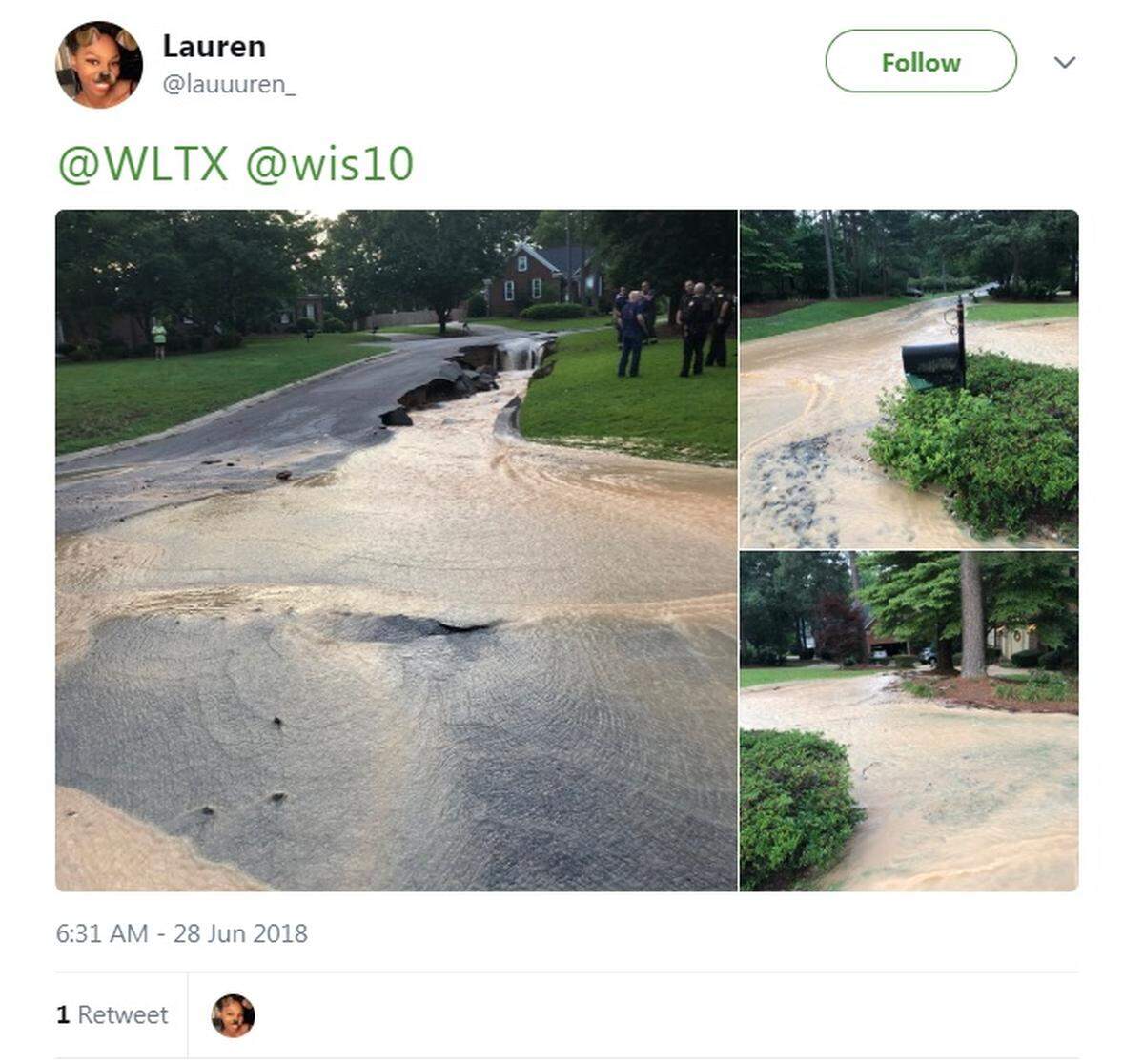 Pictures posted by a Twitter user show sink holes and flooding caused by a water main break in a northeast Columbia, SC, neighborhood on Thursday, June 28, 2018.