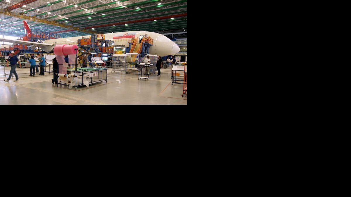 
A 787 Dreamliner is under construction in the final assembly building at Boeing’s new North Charleston assembly plant.
