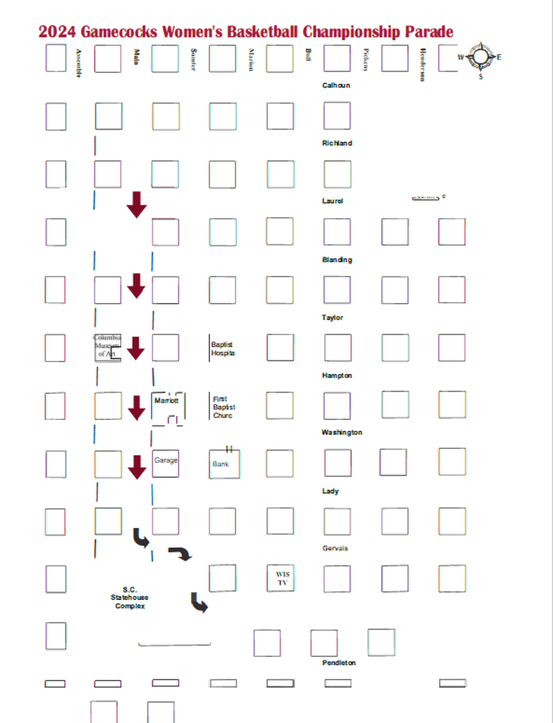 A map of the April 14, 2024 parade to celebrate USC’s women’s basketball NCAA Championship win.