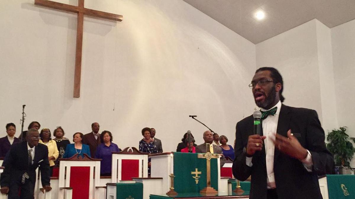 The Rev. Carey Grady speaks to the congregation about gun violence Sunday at Reid Chapel AME Church. Houses of worship across the state took part in Stand Up Sunday this weekend, with services focusing on the issue of gun violence and how to curb gun-related deaths in South Carolina.