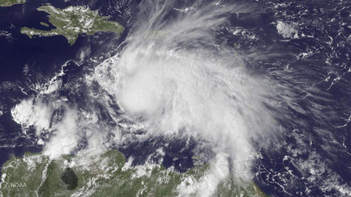An early GOES East satellite image provided by the National Oceanic and Atmospheric Administration (NOAA) showing Hurricane Matthew in the Caribbean Sea.